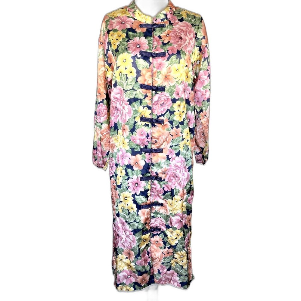 Floral Cheongsam Maxi Dress Mandarin Collar Frog Button Chinoiserie Duster Robe